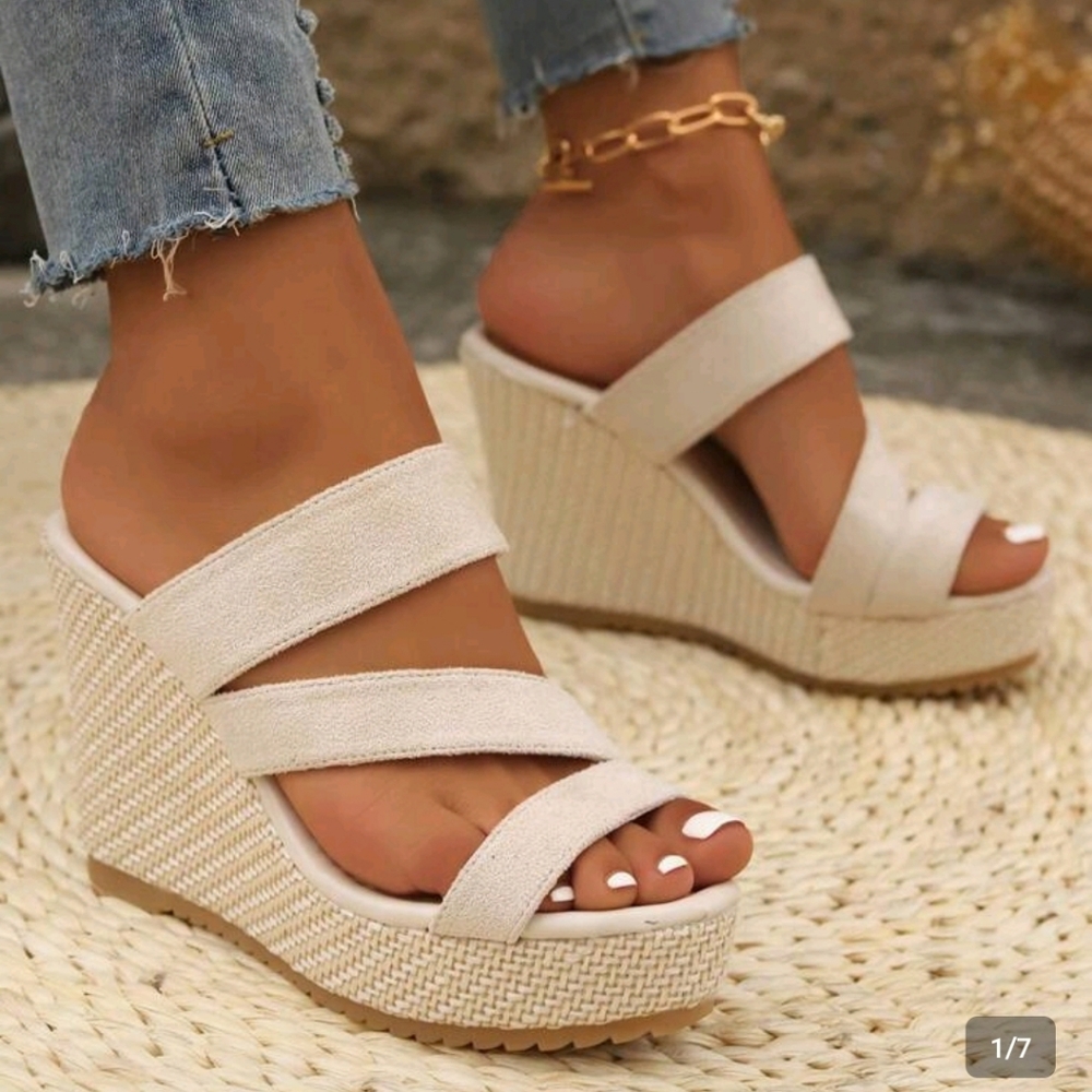 NWT Women's Beige Wedge Suede Feel Sandals